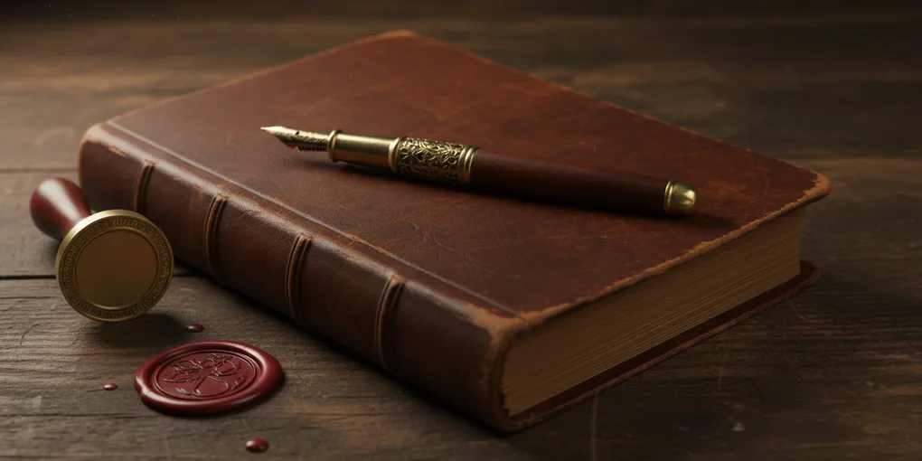 Resmi beyan ve belge için kapalı defter, kalem ve mühür